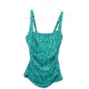 LL Bean Mix & Match Swimwear Squareneck Tankini Top Print Blue Triangles 6